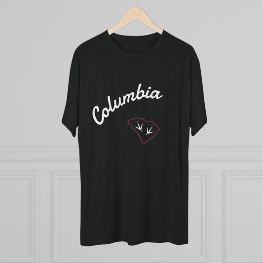 Columbia Script T‑Shirt — Retro City Tee with Rooster Footprint, Tr-Blend T-Shirt, Soft-Style, Perfect for Gameday