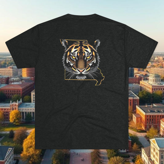 Tigers 573 Tee — Vertical 573 & Tiger Head State Shirt, Tri-Blend, Soft-Style T-Shirt, Perfect for Gameday