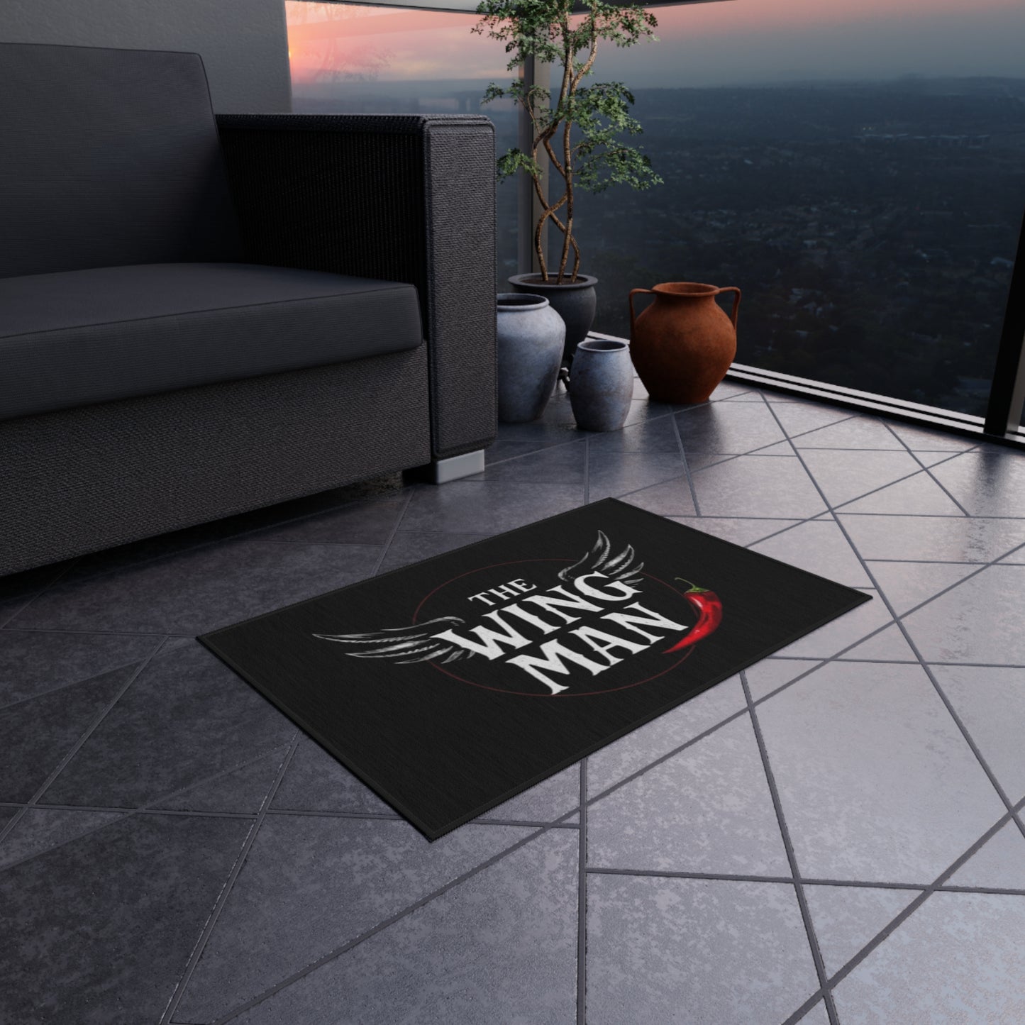 Outdoor Rug - "The Wing Man" Grill & BBQ Doormat with Wings and Chili Pepper Design