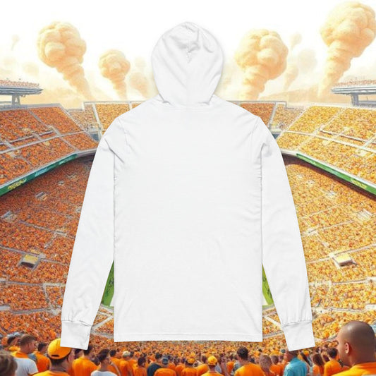Unisex Hooded Long Sleeve Tee with Orange and White Checkered End Zone pattern, Sports Fan Gift
