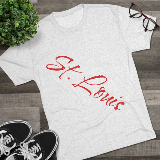 St. Louis Script Tee — Diagonal Red Script City Baseball and Hockey T‑Shirt
