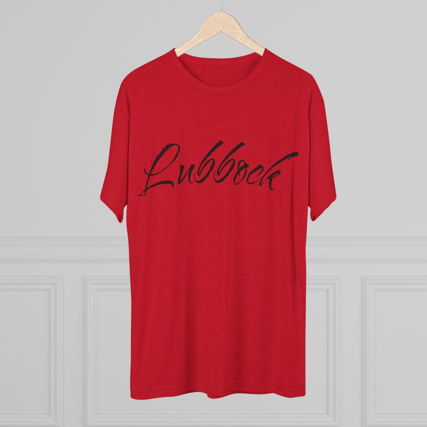 Lubbock Script Tee — Red Cowboy Skull Graphic Crew Shirt, Tri-Blend, Super Soft T-Shirt, Perfect for Gameday
