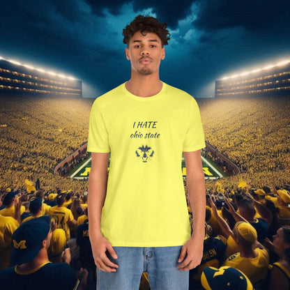 I Hate Ohio State Tee, Unisex Jersey Short Sleeve Tee, Game Day Shirt, College Sports Apparel, Football Fan Gift, Yellow Tee