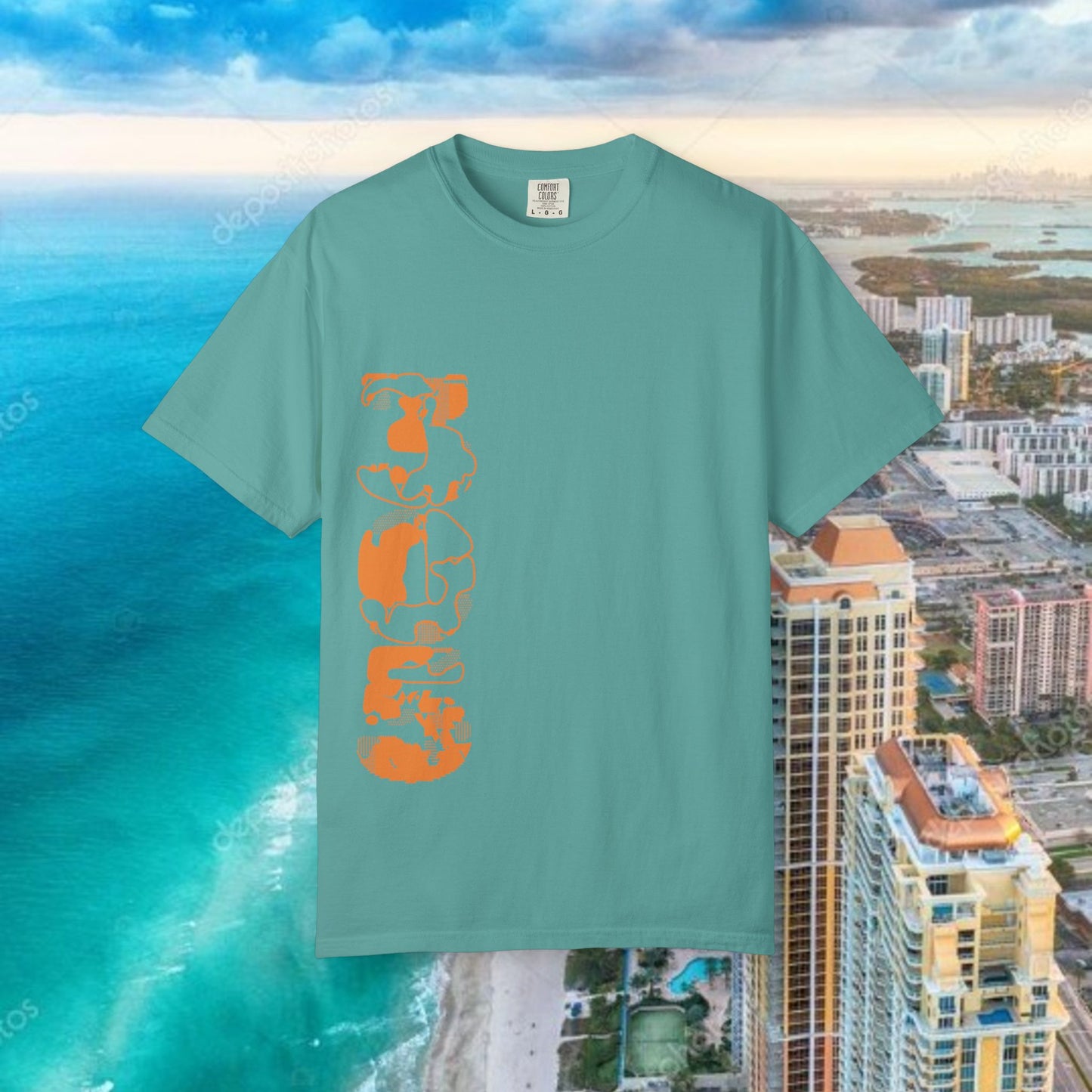 Miami Beach Graphic T-Shirt — Orange Garment-Dyed Tee with Green Vertical Palm Design