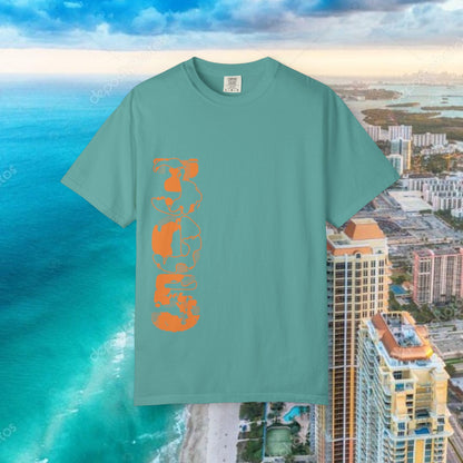 Miami Beach Graphic T-Shirt — Orange Garment-Dyed Tee with Green Vertical Palm Design