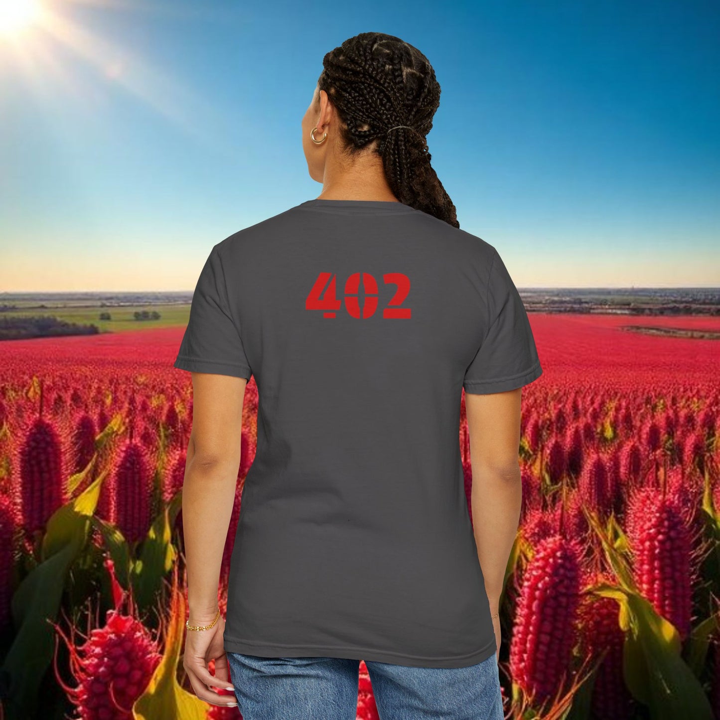 Lincoln Nebraska Area Code T-Shirt — White Tee with Red "Nebraska" & 402 Back Print, Soft-Style T-Shirt