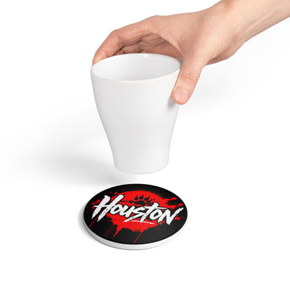 Houston Paw Print Ceramic Coaster – Red Grunge City Logo Drink Protector