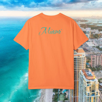 Miami Beach Graphic T-Shirt — Orange Garment-Dyed Tee with Green Vertical Palm Design