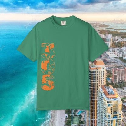Miami Beach Graphic T-Shirt — Orange Garment-Dyed Tee with Green Vertical Palm Design
