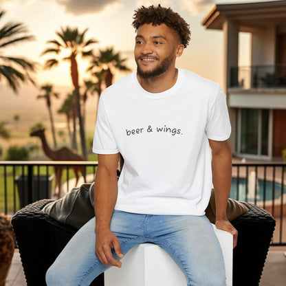 Beer & Wings Unisex Softstyle T-Shirt, Casual Gift for BBQ Lovers, Fun Drink Shirt, Summer Party Apparel, Unique Gift for Foodies