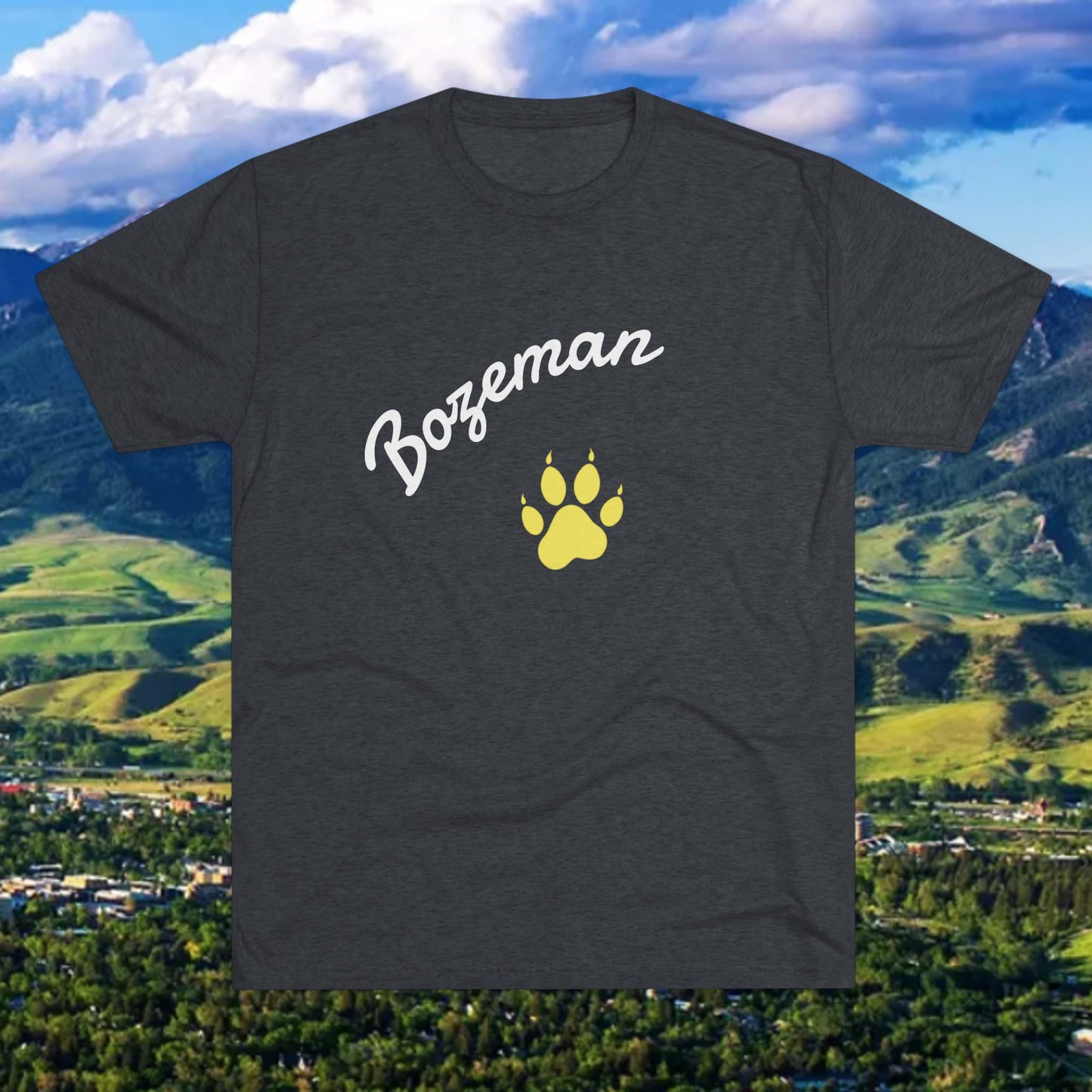 Bozeman Paw Script T‑Shirt — Mountain Town Tee with Gold Paw Print, Tri-Blend Soft Style T-Shirt