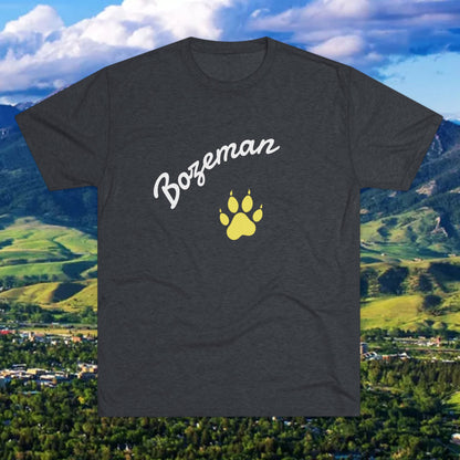 Bozeman Paw Script T‑Shirt — Mountain Town Tee with Gold Paw Print, Tri-Blend Soft Style T-Shirt