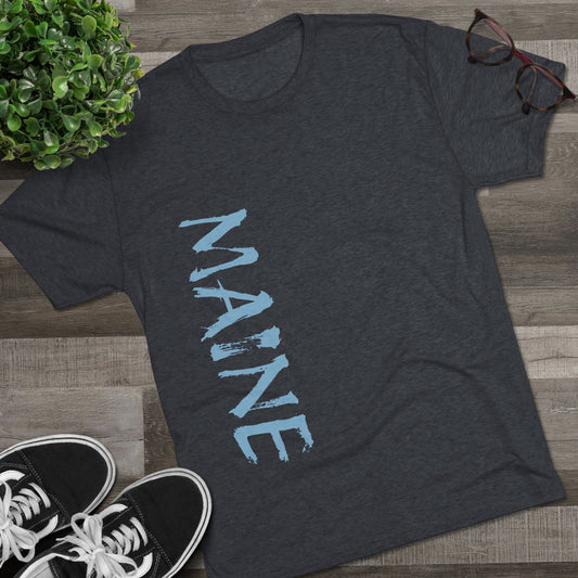 Maine Vertical Text T‑Shirt — State Pride Bear Paw Tee, Tri-Blend Soft Style T-Shirt