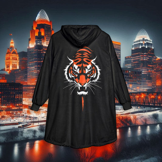 Hooded Blanket — Black Tiger Design with Number 1 (Cozy Game-Day Throw)