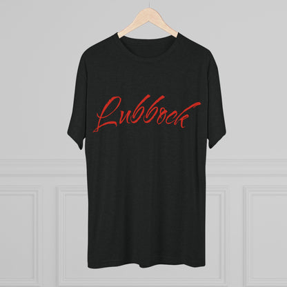 Lubbock Script Tee — Red Cowboy Skull Graphic Crew Shirt, Tri-Blend, Super Soft T-Shirt, Perfect for Gameday