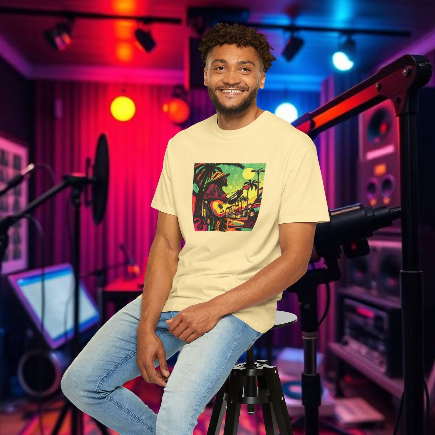 Vibrant Musician T-Shirt, Beach Vibes Shirt, Unisex Summer Tee, Perfect Gift for Music Lovers, Casual Party Wear