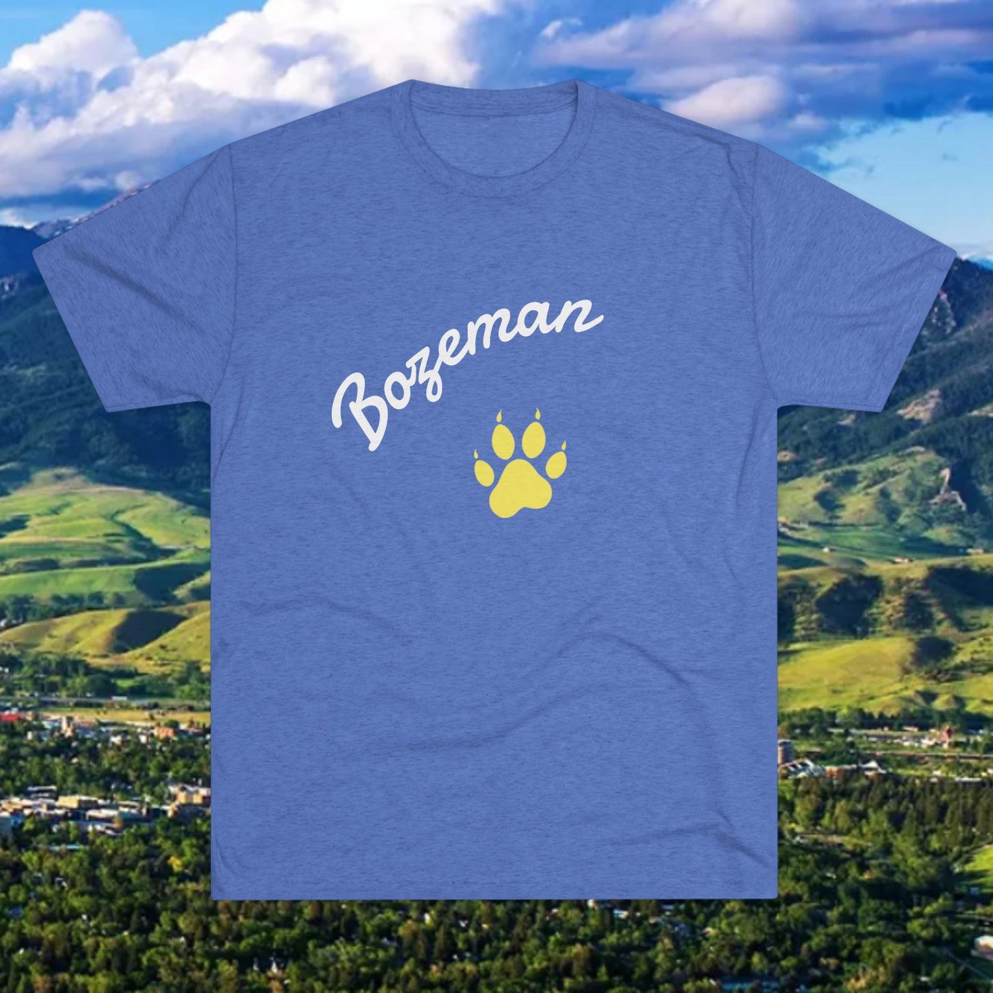 Bozeman Paw Script T‑Shirt — Mountain Town Tee with Gold Paw Print, Tri-Blend Soft Style T-Shirt