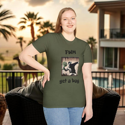 T-Shirt — "FWM Get a Bag" Graphic Tee (Banksy-Style Street Art)