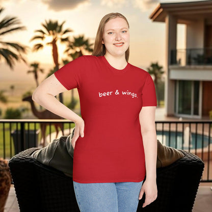 Beer & Wings Unisex Softstyle T-Shirt, Casual Gift for BBQ Lovers, Fun Drink Shirt, Summer Party Apparel, Unique Gift for Foodies