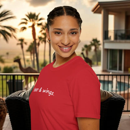 Beer & Wings Unisex Softstyle T-Shirt, Casual Gift for BBQ Lovers, Fun Drink Shirt, Summer Party Apparel, Unique Gift for Foodies