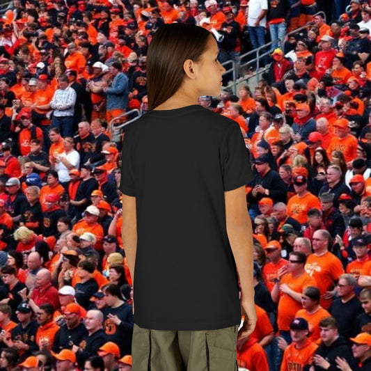 Youth Tee — Kids Black Shirt with Orange Whisker & Teeth Graphic, Perfect for Gameday