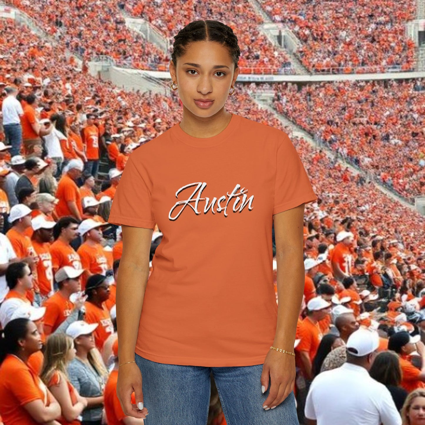 Austin Fan T-Shirt, Soft-style, front and back graphic. Stylish and fashionable tailgate attire.