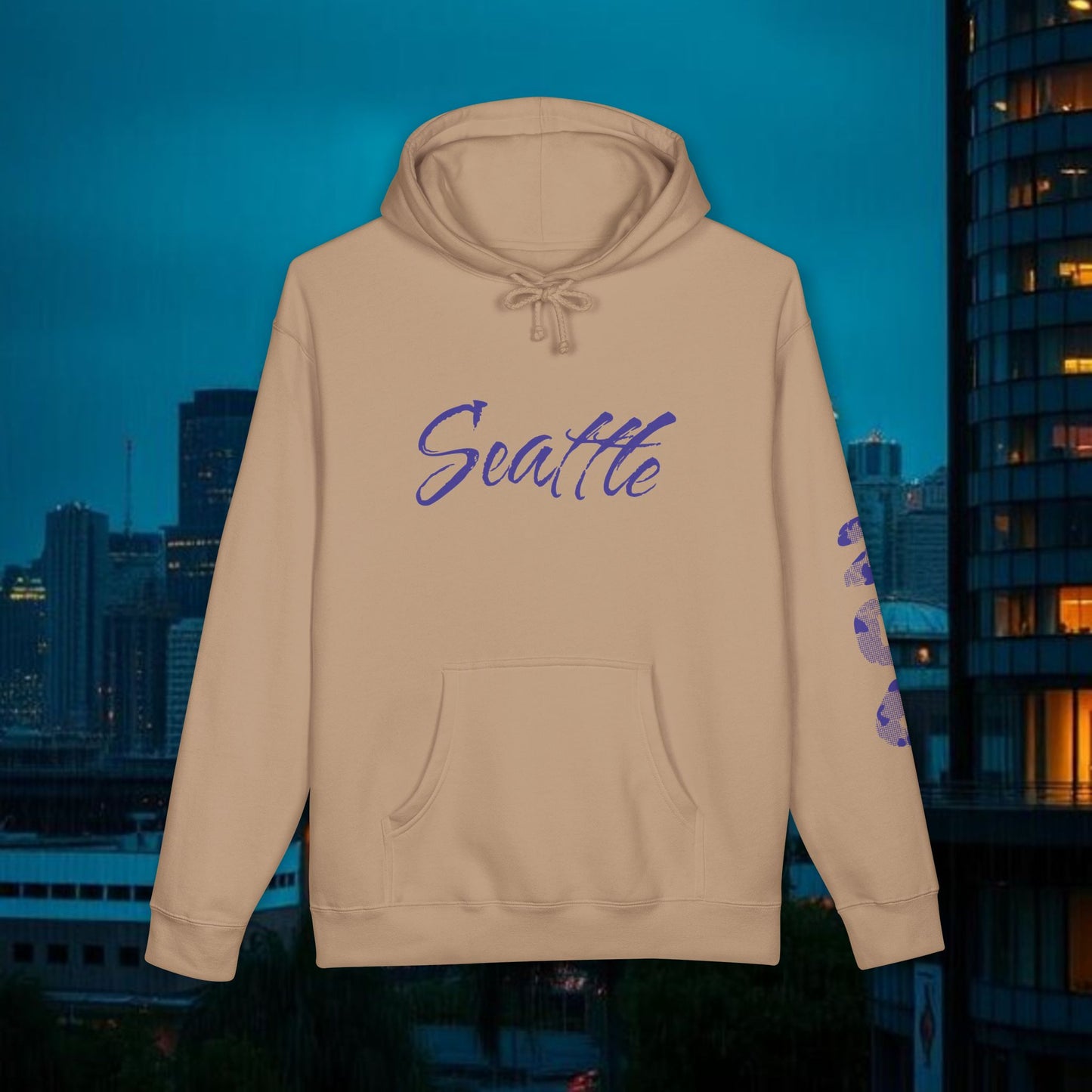 Seattle Script Hoodie — Minimalist City Sweatshirt with 206 Sleeve