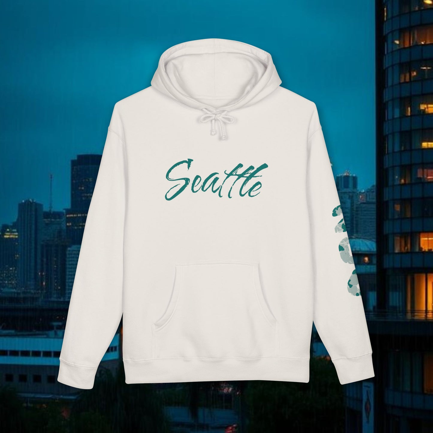 Seattle Script Hoodie — Minimalist City Sweatshirt with 206 Sleeve