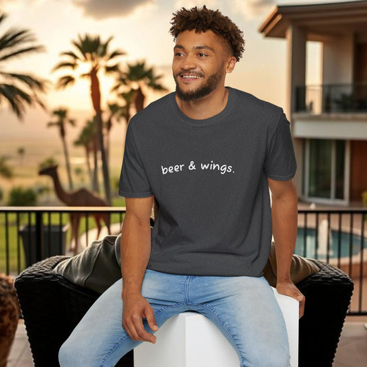 Beer & Wings Unisex Softstyle T-Shirt, Casual Gift for BBQ Lovers, Fun Drink Shirt, Summer Party Apparel, Unique Gift for Foodies