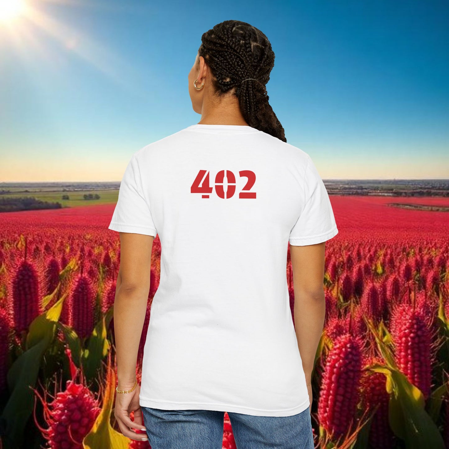 Lincoln Nebraska Area Code T-Shirt — White Tee with Red "Nebraska" & 402 Back Print, Soft-Style T-Shirt