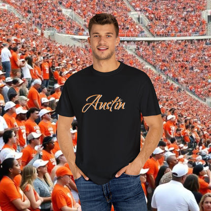 Austin Fan T-Shirt, Soft-style, front and back graphic. Stylish and fashionable tailgate attire.