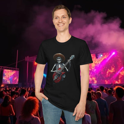 Skeleton Guitarist T-Shirt, Music Festival Shirt, Halloween Costume Tee, Vintage Rock Band Top, Unisex Graphic T-Shirt
