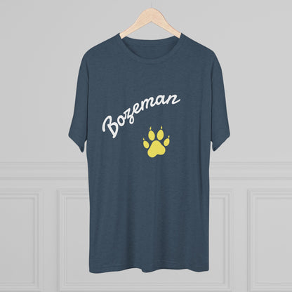 Bozeman Paw Script T‑Shirt — Mountain Town Tee with Gold Paw Print, Tri-Blend Soft Style T-Shirt