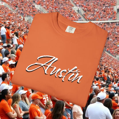 Austin Fan T-Shirt, Soft-style, front and back graphic. Stylish and fashionable tailgate attire.