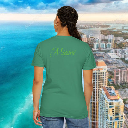 Miami Beach Graphic T-Shirt — Orange Garment-Dyed Tee with Green Vertical Palm Design