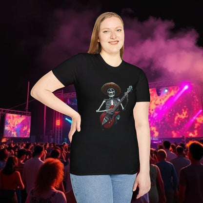Skeleton Guitarist T-Shirt, Music Festival Shirt, Halloween Costume Tee, Vintage Rock Band Top, Unisex Graphic T-Shirt