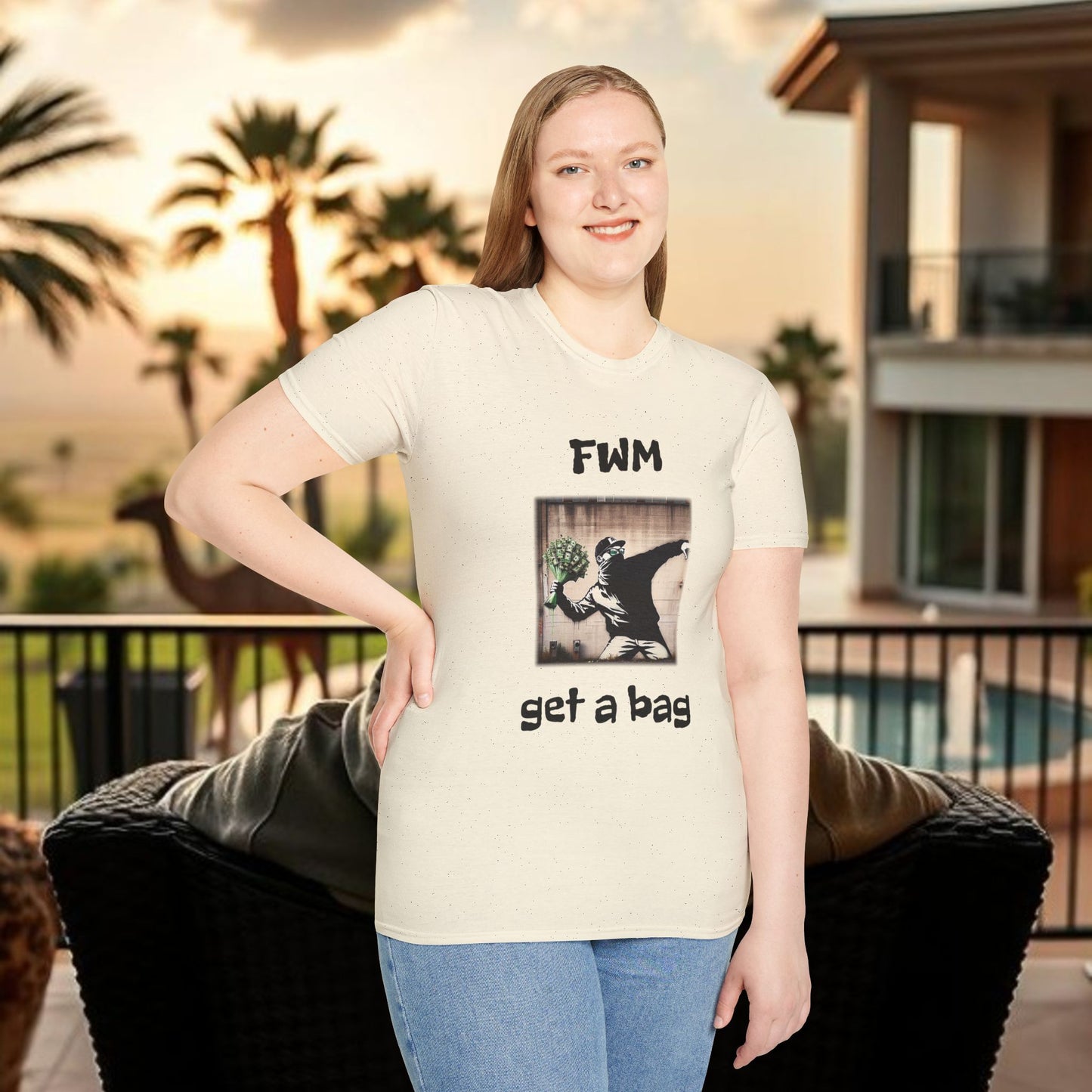 T-Shirt — "FWM Get a Bag" Graphic Tee (Banksy-Style Street Art)