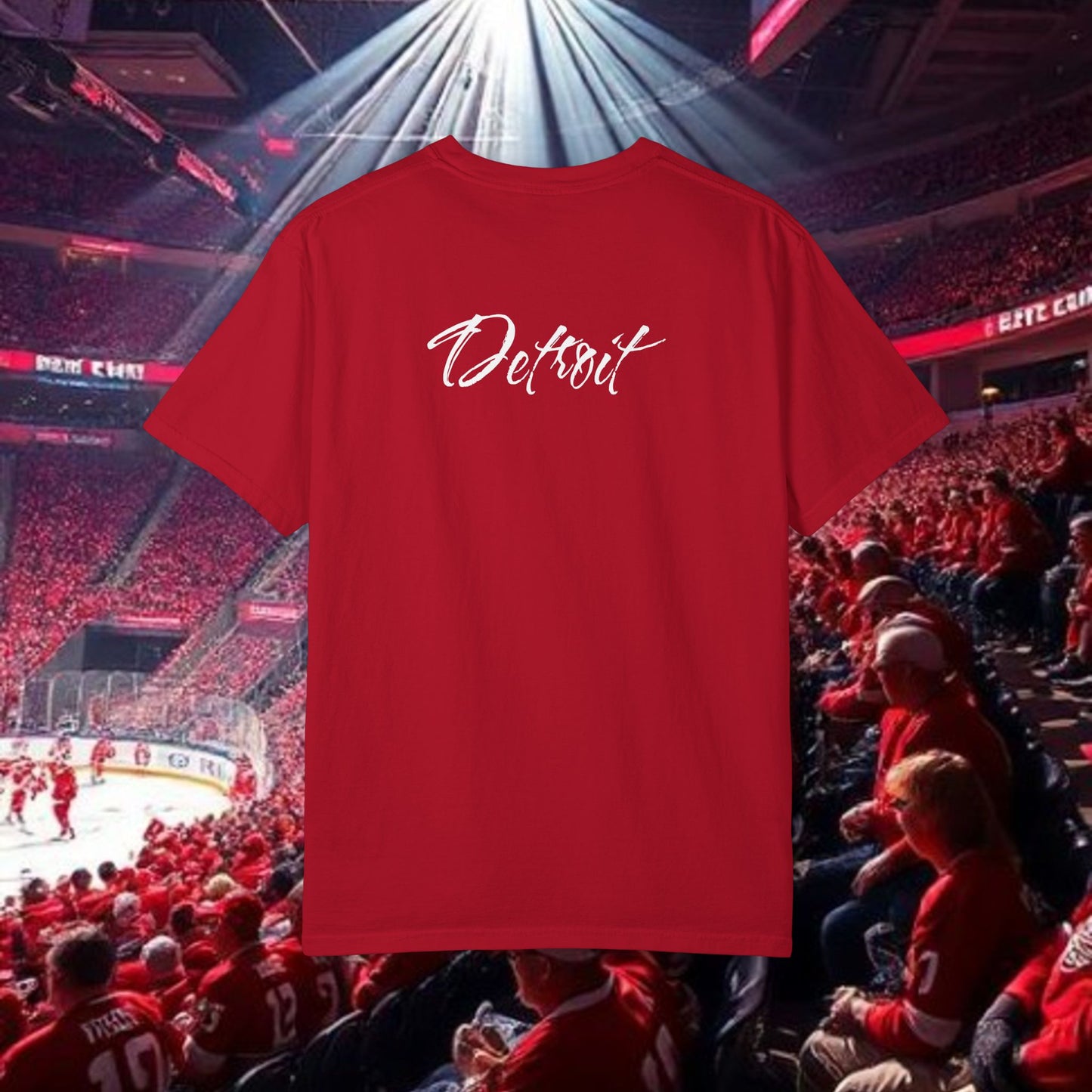 Detroit T-Shirt — Vertical Mascot Graphic with 'Detroit' Script