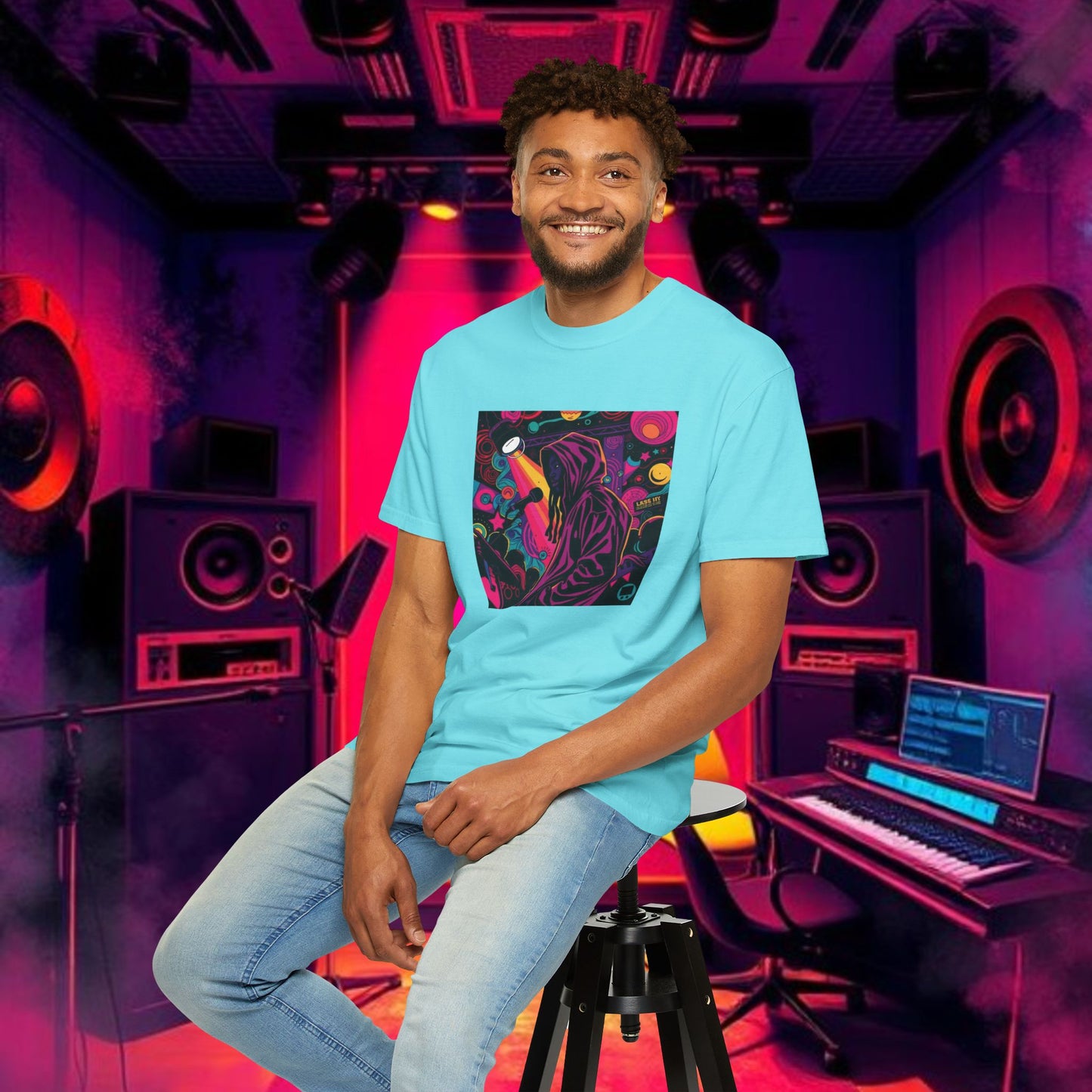 Colorful Unisex Garment-Dyed T-shirt, Artistic Graphic Tee, Music Festival Shirt, Casual Everyday Wear, Vibrant Streetwear, Unique Gift Idea