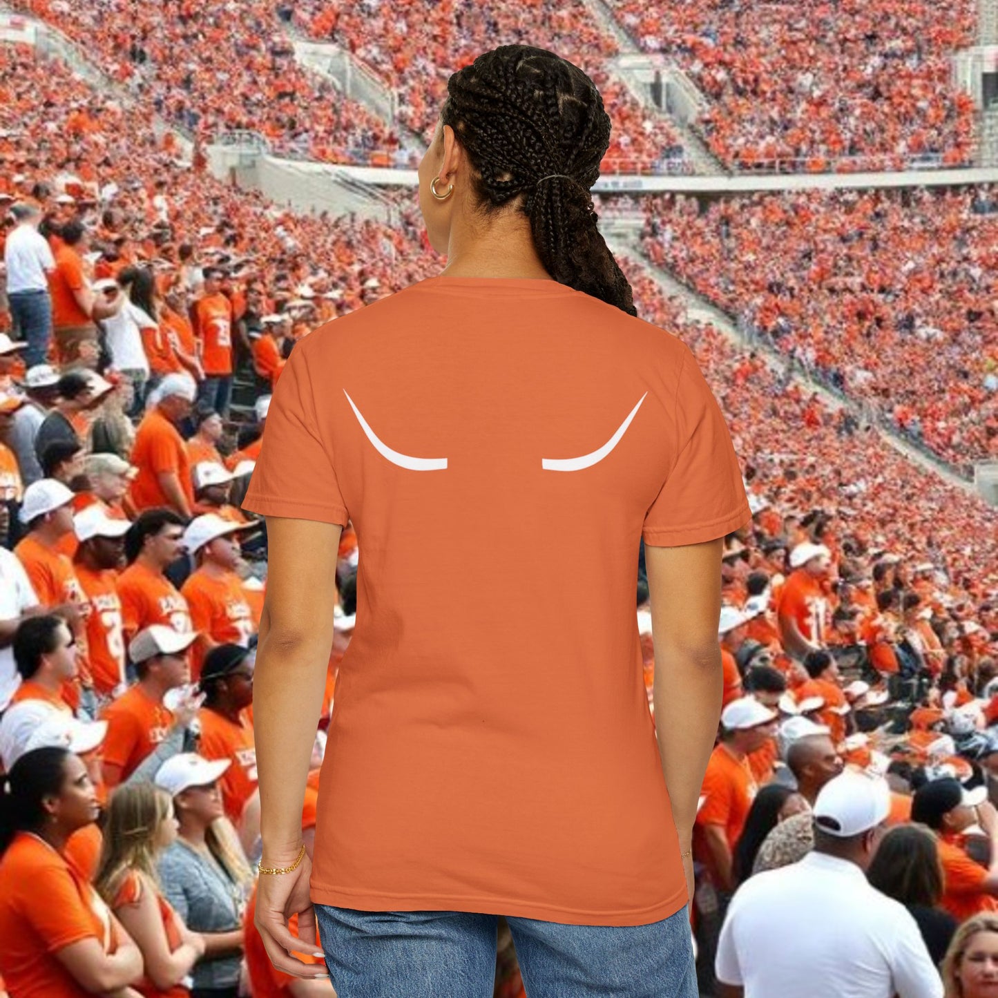 Austin Fan T-Shirt, Soft-style, front and back graphic. Stylish and fashionable tailgate attire.