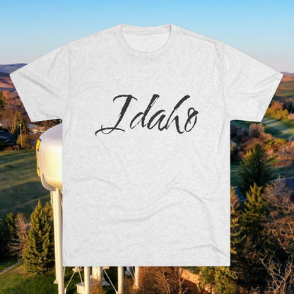Idaho Script T‑Shirt — State Pride Tee, Tri-Blend Soft Style, Perfect for Class or Gameday.