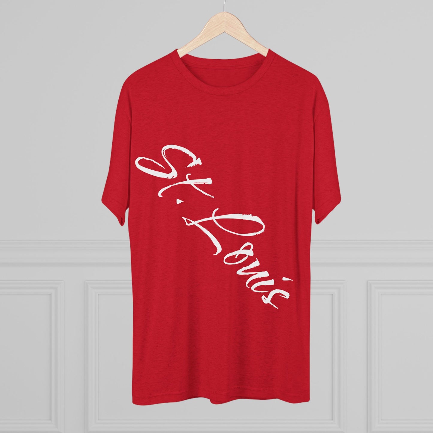 St. Louis Script Tee — Diagonal Red Script City Baseball and Hockey T‑Shirt