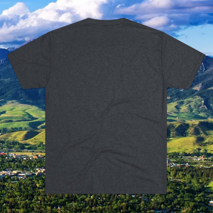 Bozeman Paw Script T‑Shirt — Mountain Town Tee with Gold Paw Print, Tri-Blend Soft Style T-Shirt