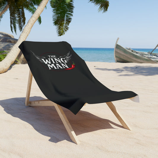 The Wing Man Beach Towel — Bold Black Towel with Chili Pepper & Wings Design