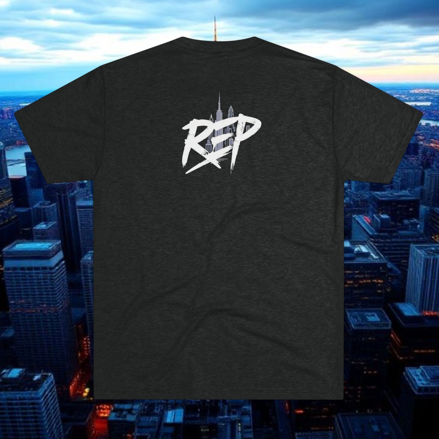 NYC Script Tee — 'REP' Skyline Back Graphic, Tri-Blend Soft T-Shirt