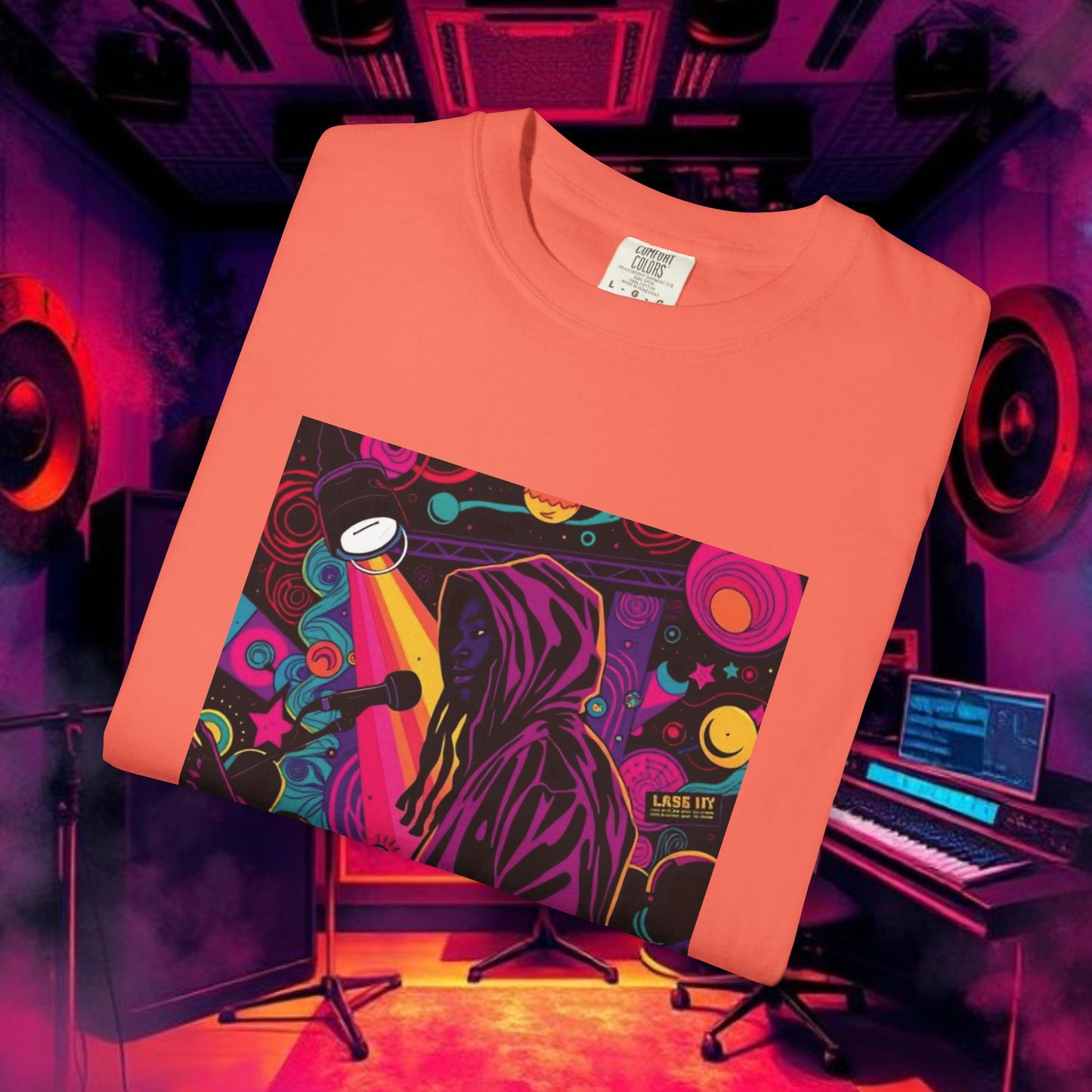 Colorful Unisex Garment-Dyed T-shirt, Artistic Graphic Tee, Music Festival Shirt, Casual Everyday Wear, Vibrant Streetwear, Unique Gift Idea