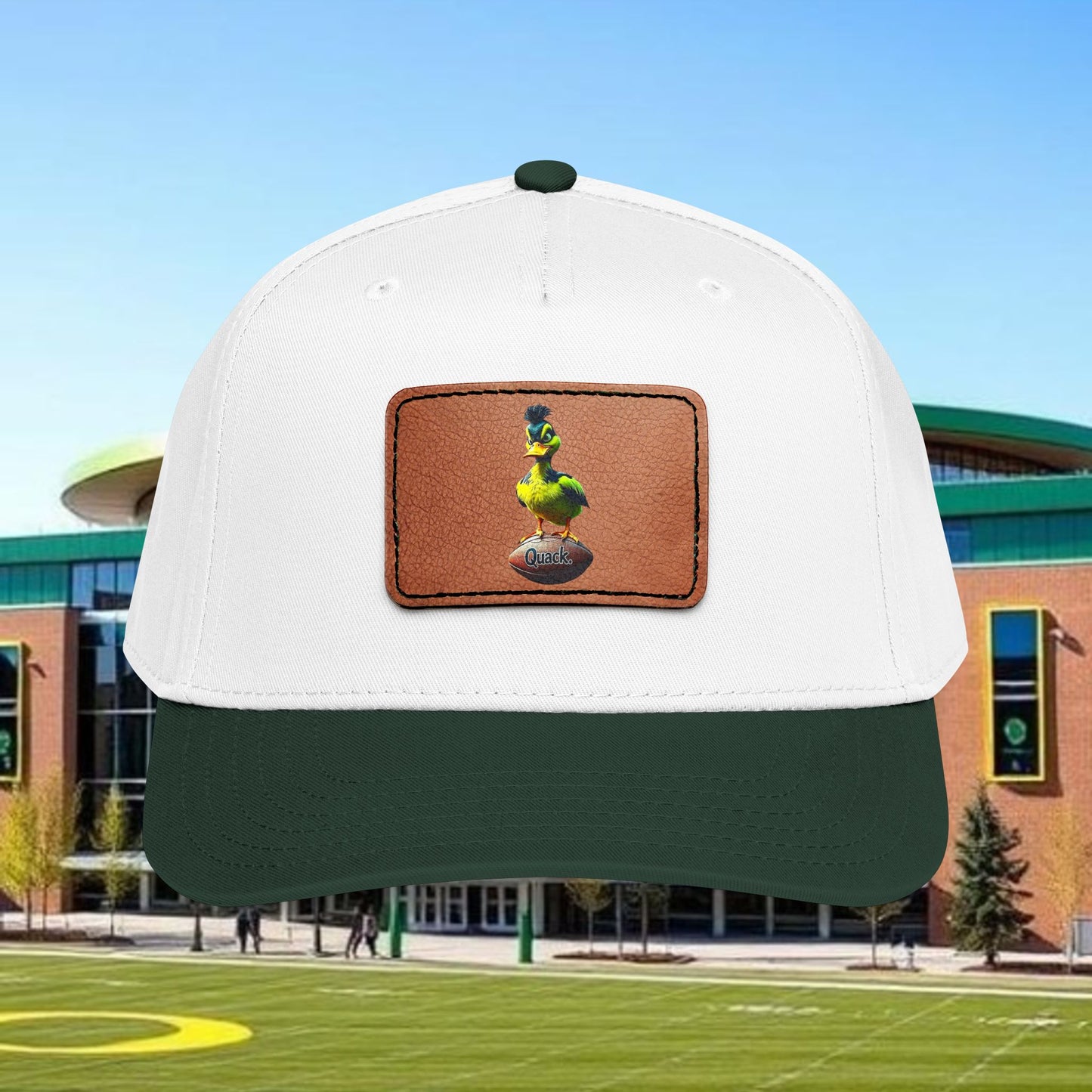 Leather Patch Baseball Cap — Green Bird on Egg Design