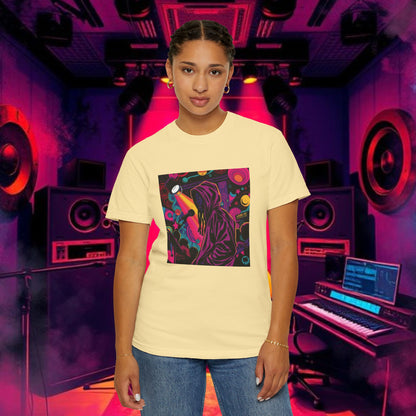 Colorful Unisex Garment-Dyed T-shirt, Artistic Graphic Tee, Music Festival Shirt, Casual Everyday Wear, Vibrant Streetwear, Unique Gift Idea