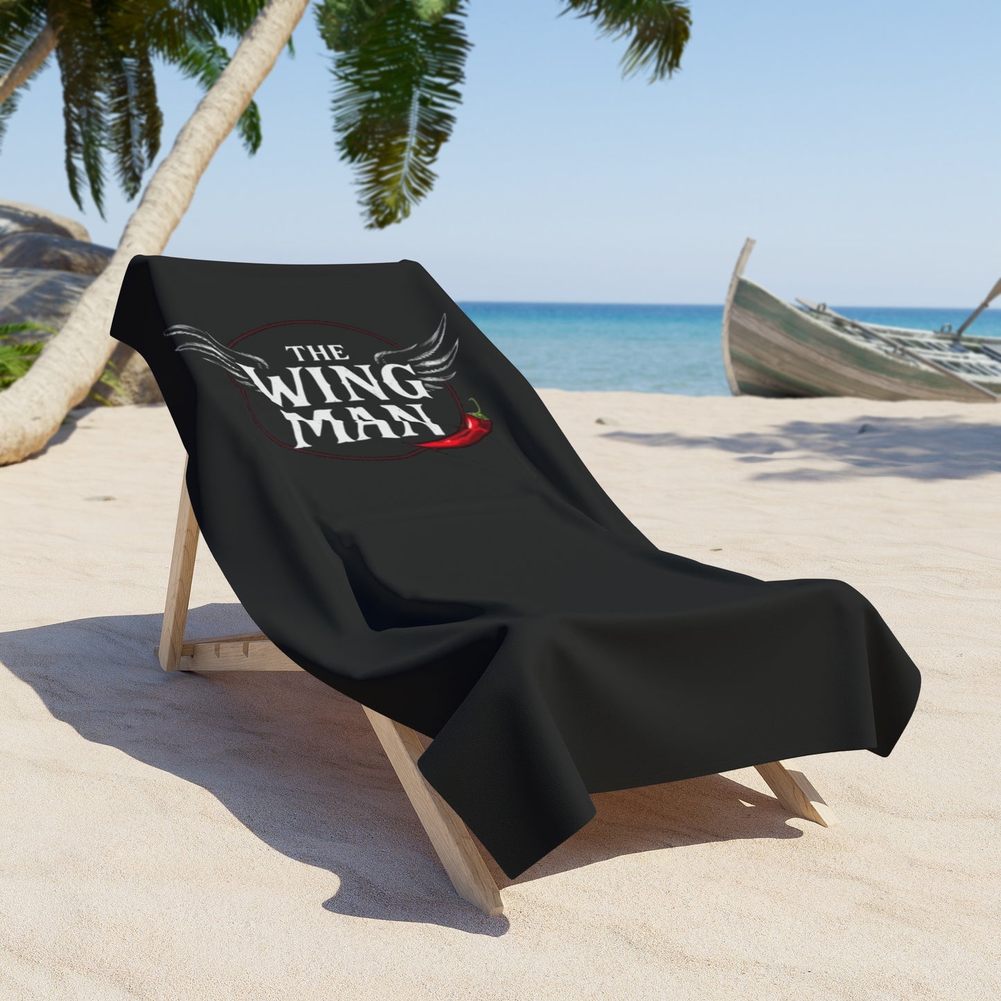 The Wing Man Beach Towel — Bold Black Towel with Chili Pepper & Wings Design