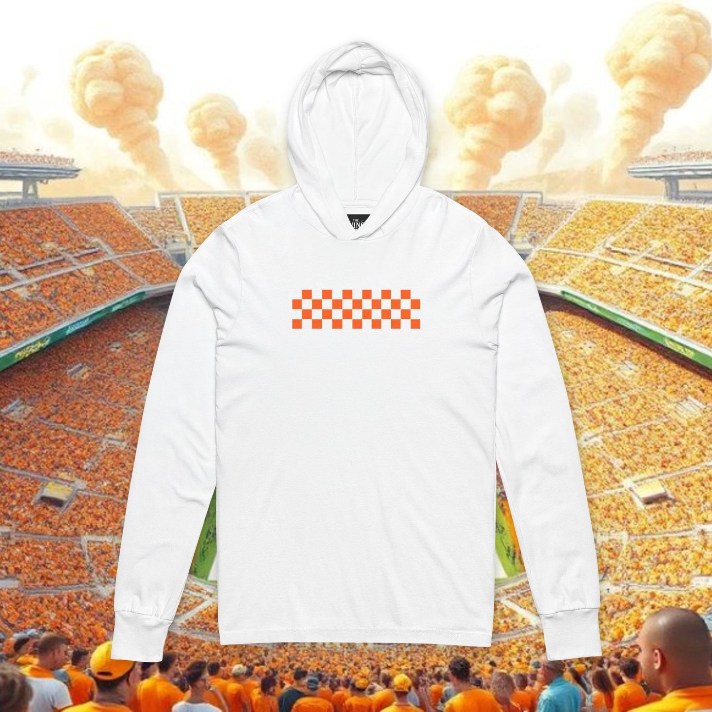 Unisex Hooded Long Sleeve Tee with Orange and White Checkered End Zone pattern, Sports Fan Gift
